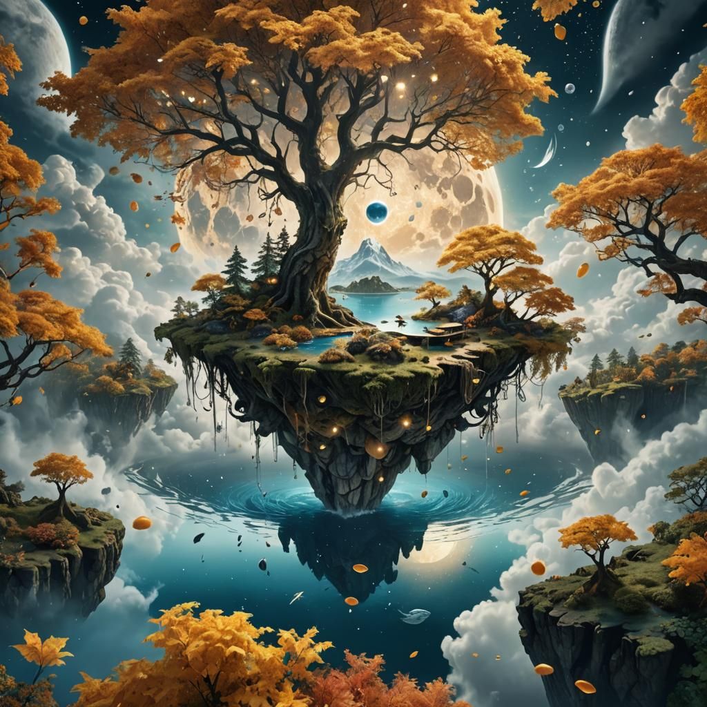 Floating Island with Golden Trees and Waterfalls