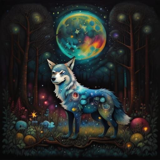 <lora:PR Patchwork Whimsy:1.0> A wolf and pup , rendered with photorealistic detail, howls at a surreal moon composed of...