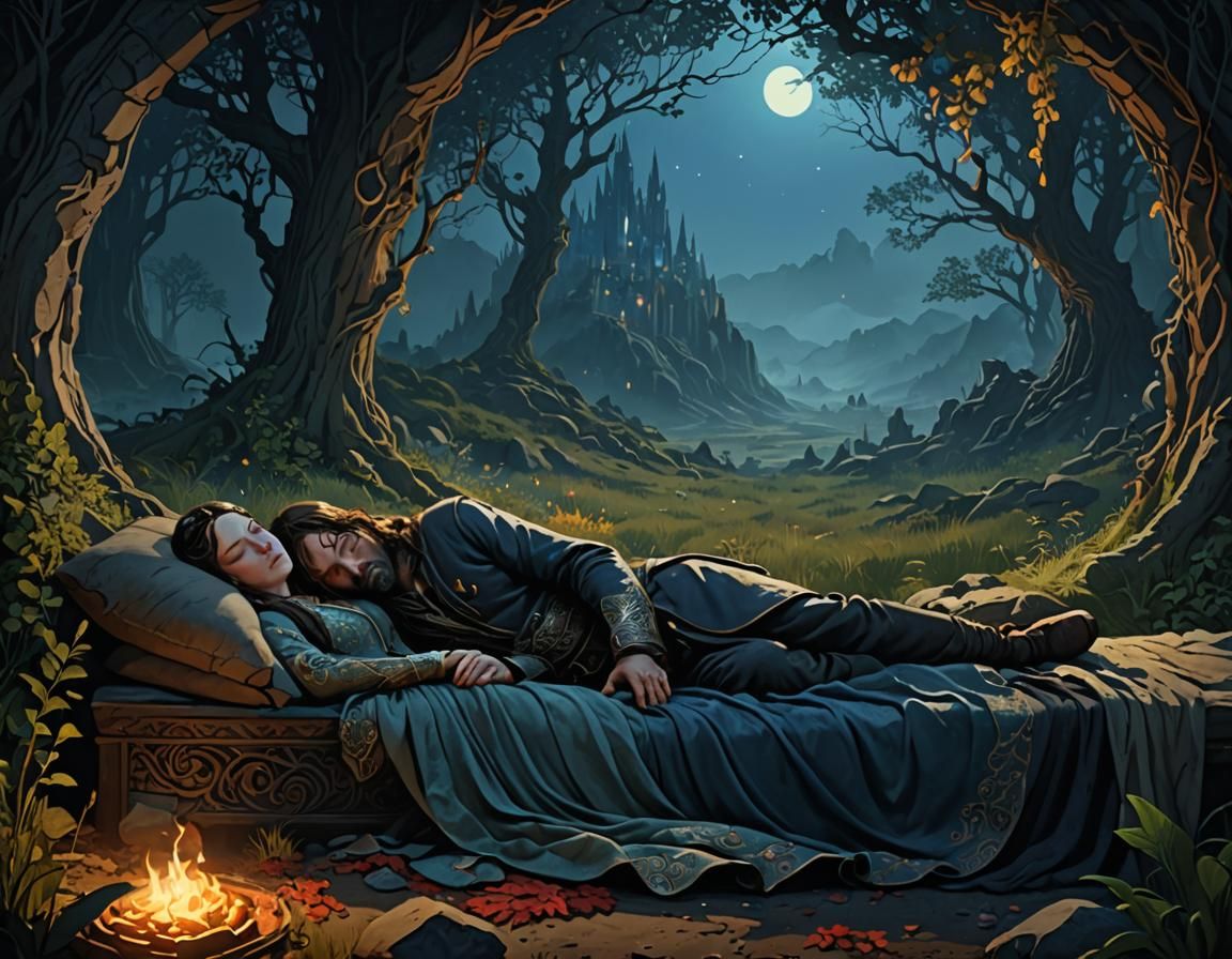 Arwen Watches Over Aragorn in Forest, Alphonse Mucha Style