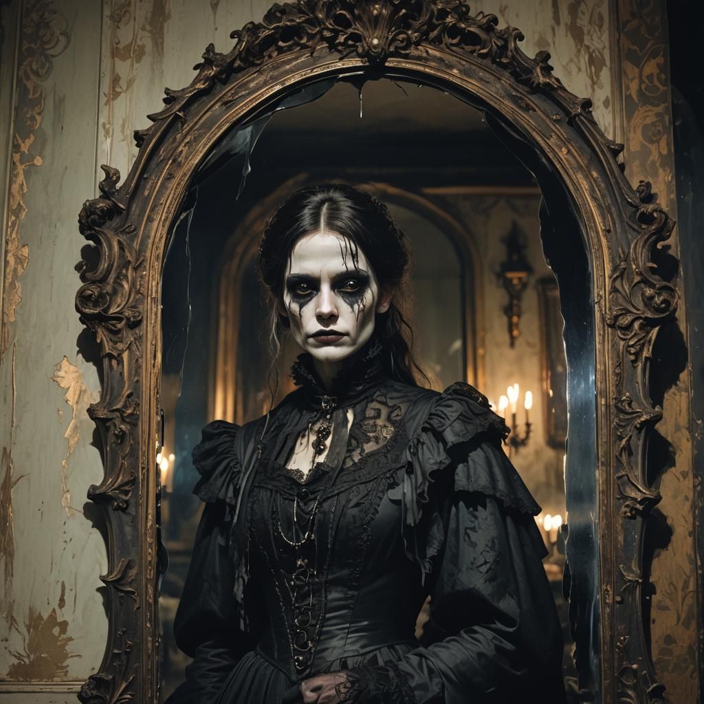 Distorted Reflection in Ornate Mirror, Gothic Concept Art