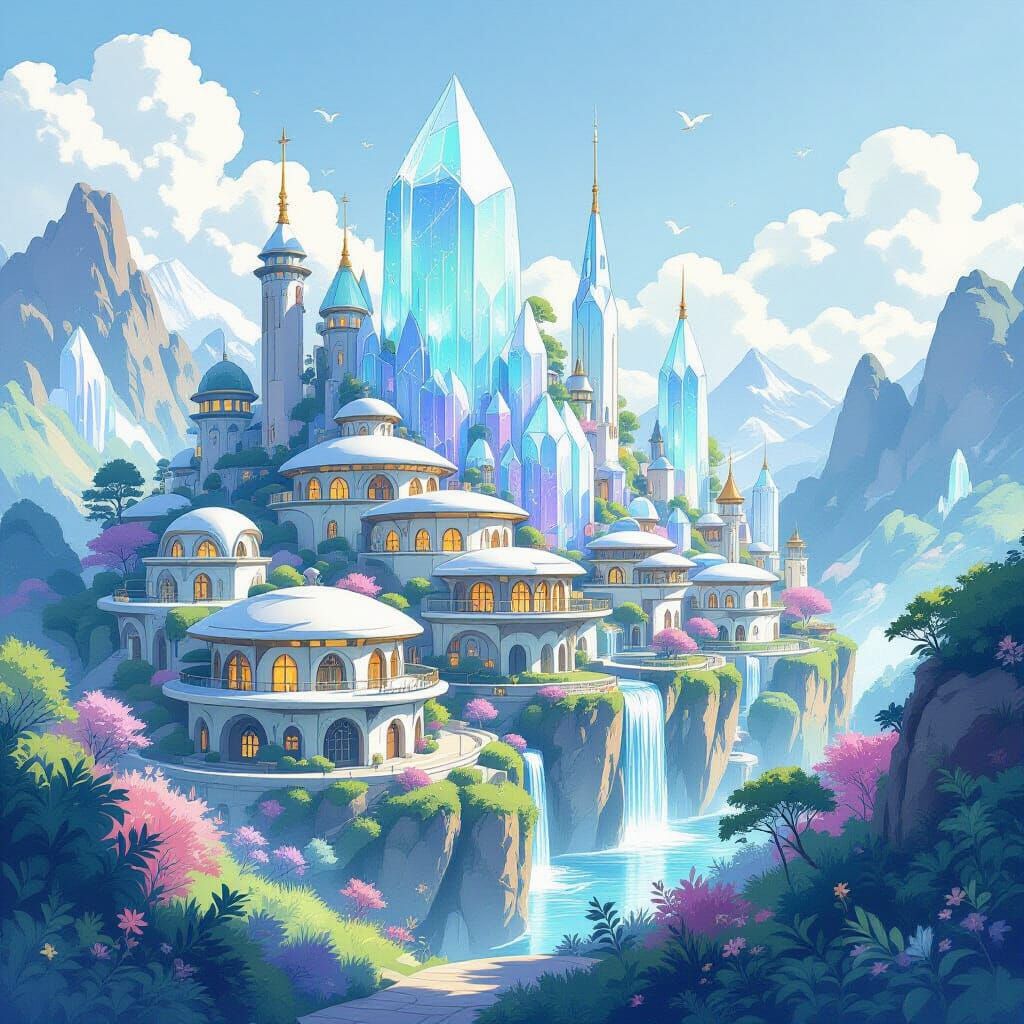 Crystalline Mountain Settlement in Watercolor Style