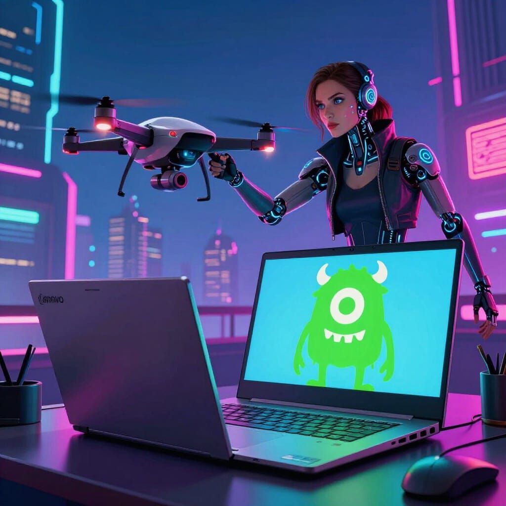 Cyberpunk Woman with Laptop and Drone in Neon Cityscape