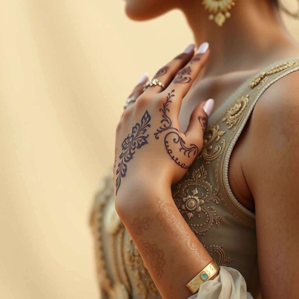 Elegant Woman's Hand with Intricate Mehendi Design and Gold....