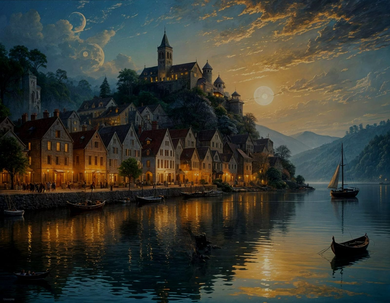 Vintage Moonlit Bay Scene in Soft Pastel Tones