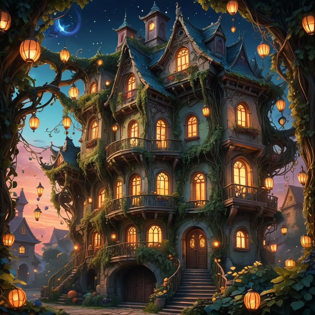 Whimsical Fruit House Amidst Vines, Digital Art