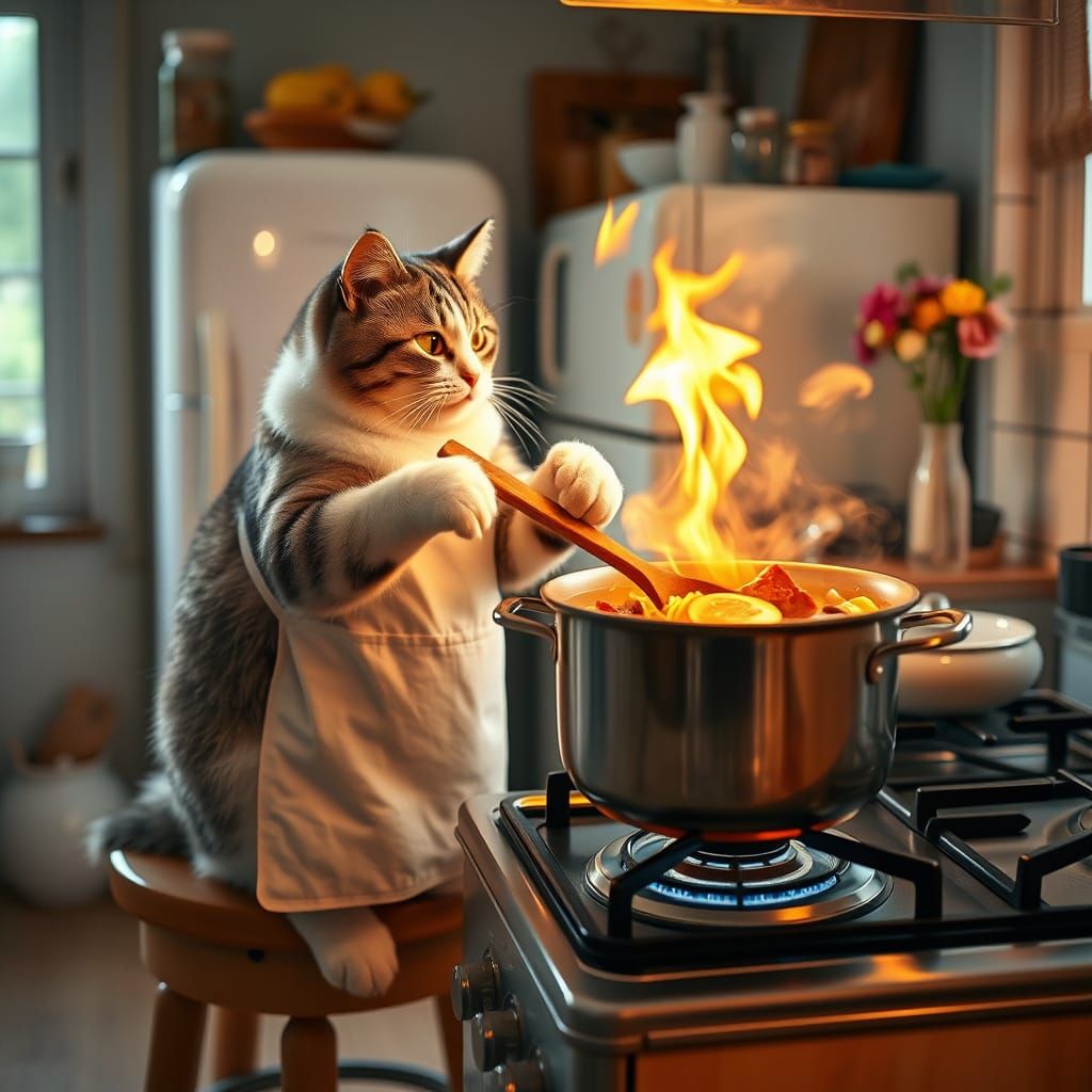 Cat Chef Cooking Ramen in Cozy Kitchen