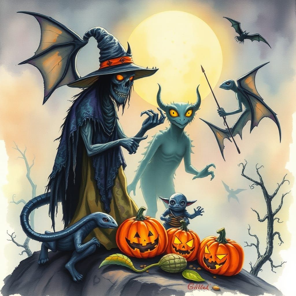Halloween Tieflings in Opalescent Watercolor Fantasy