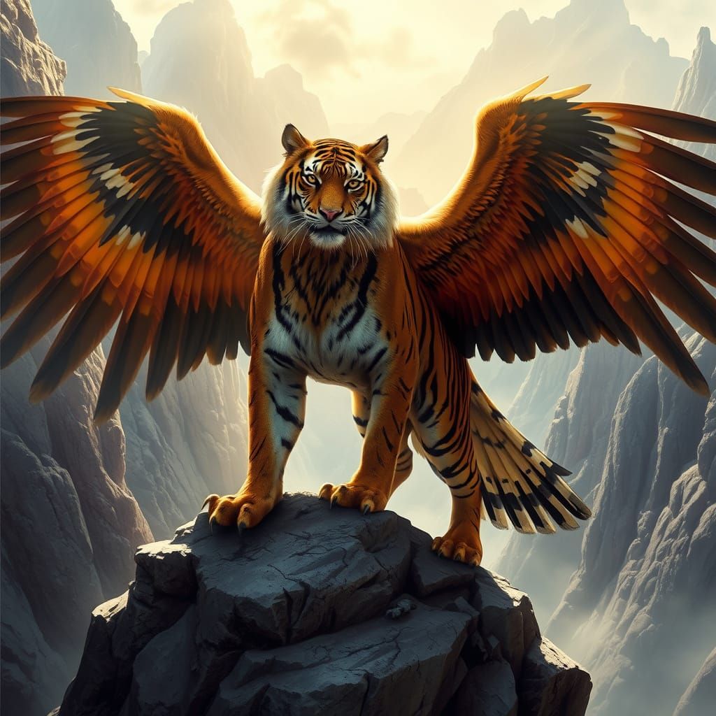 A dramatic fantasy illustration depicting a majestic "Tiger-Eagle Hybrid" perched on a craggy cliff overlooking a misty ...