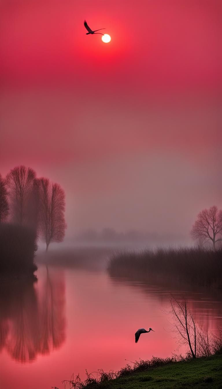 Red Crane in Foggy Red River Landscape