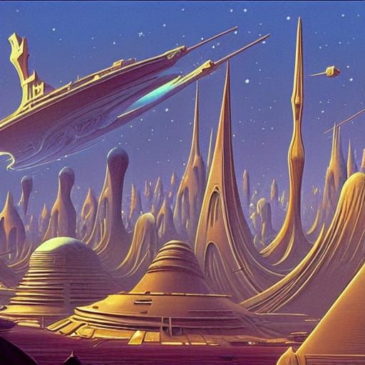 Alien City with Spaceships: Sci-Fi Visionary Art