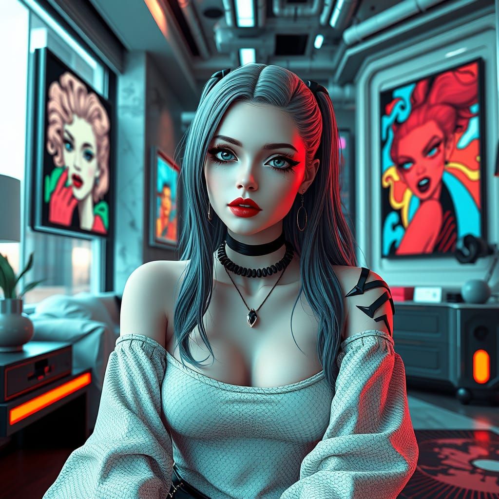 Gothic Woman in Futuristic Pop Art Anime Interior