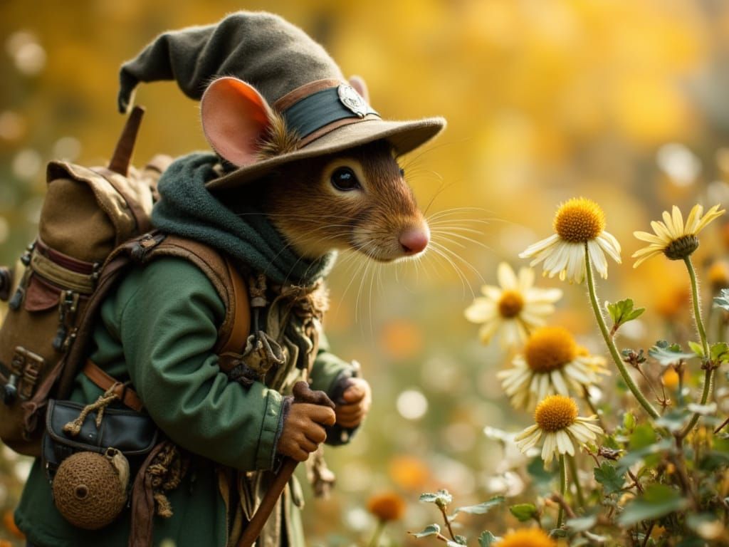 Mouse Pilgrim Admires Daisy in Autumn Light