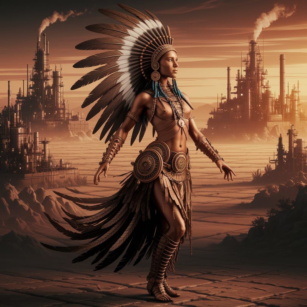 Steampunk Rain Dancer in Industrial Victorian Cityscape