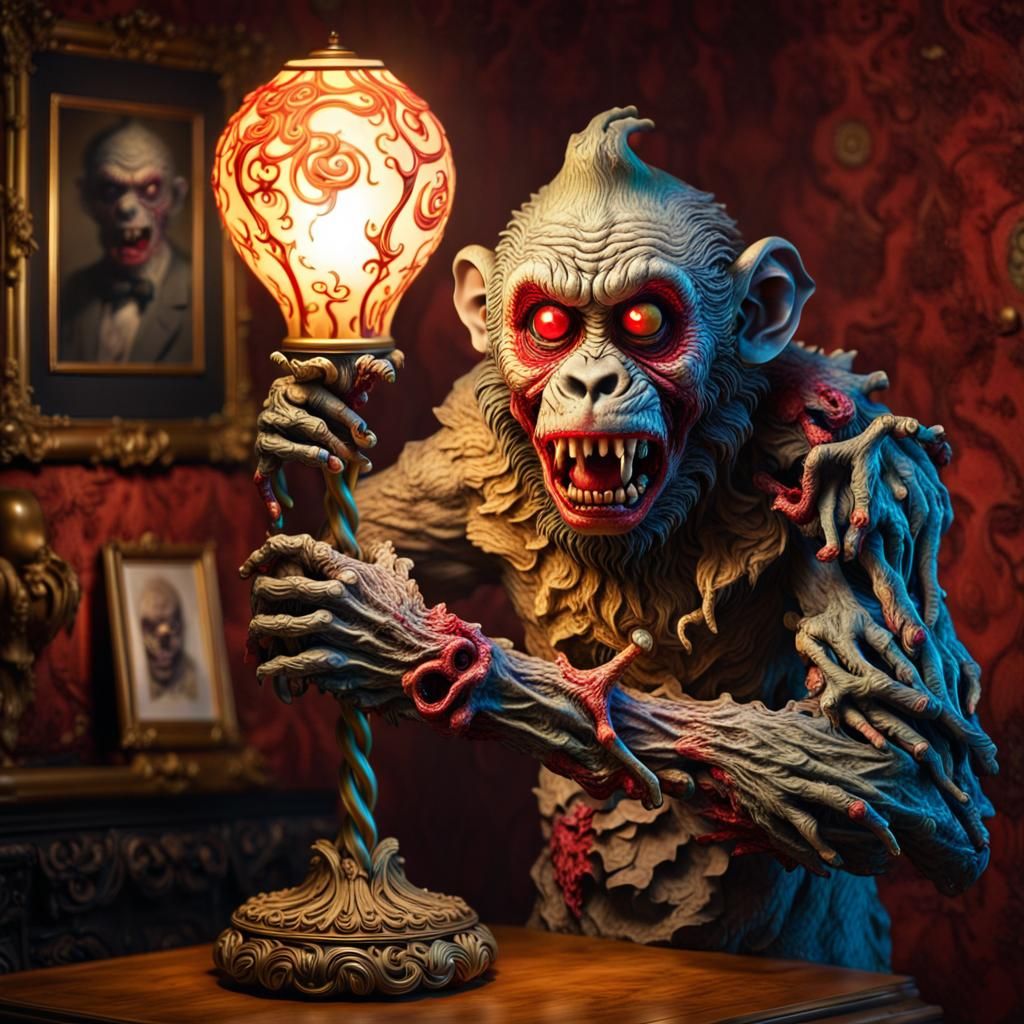 Zombie Monkey Clown Lamp: Hyperrealistic Concept Art