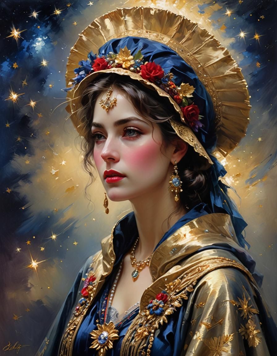 Woman Gazing at Starry Night Sky as Oil Painting