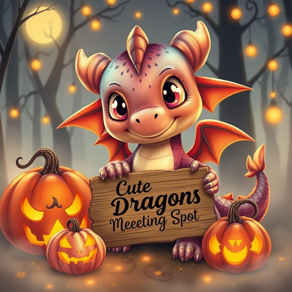 Plush Dragon Among Halloween Pumpkins, Digital Illustration