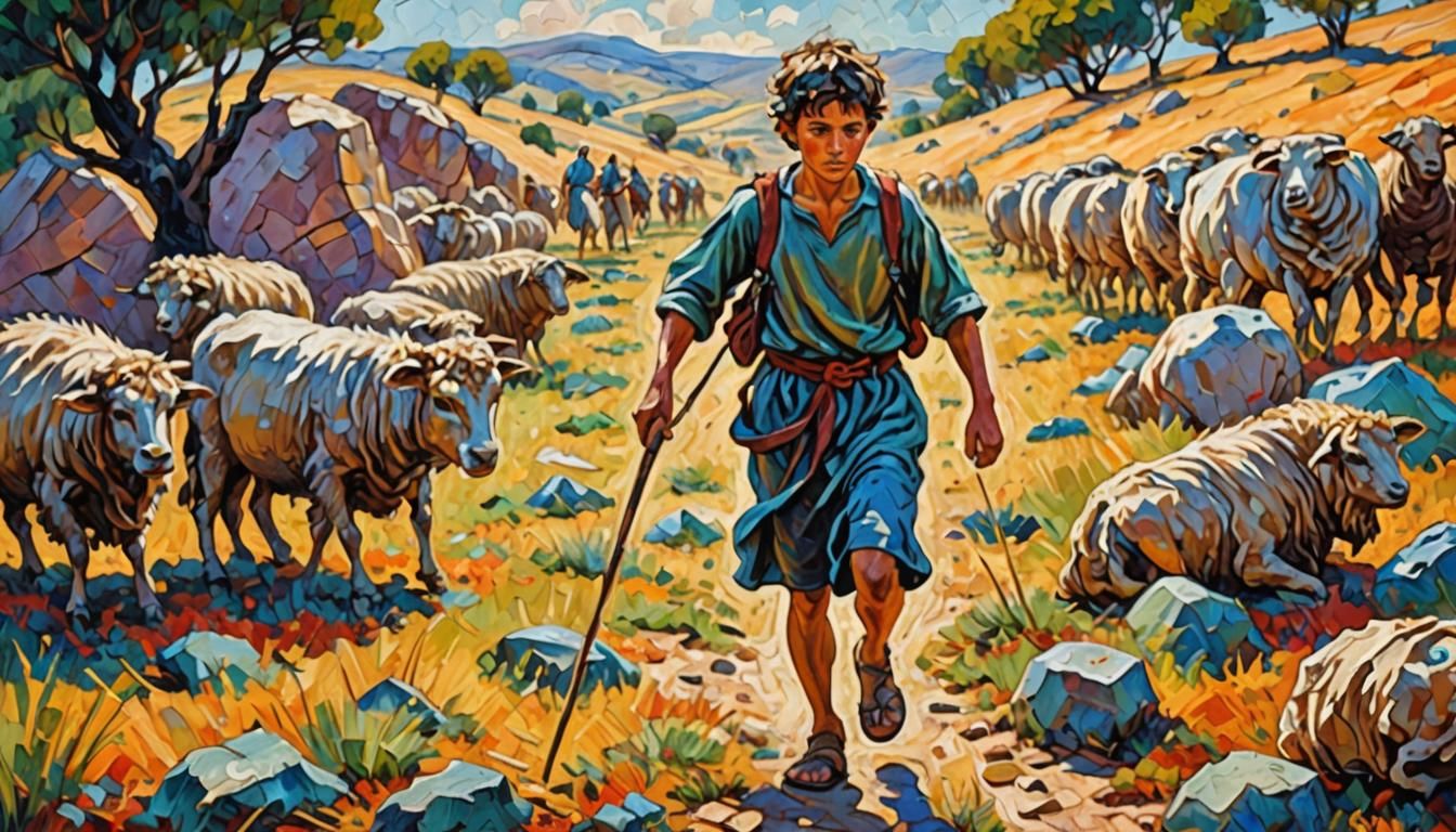 David Conquers Goliath: Neo-Impressionist Oil Painting