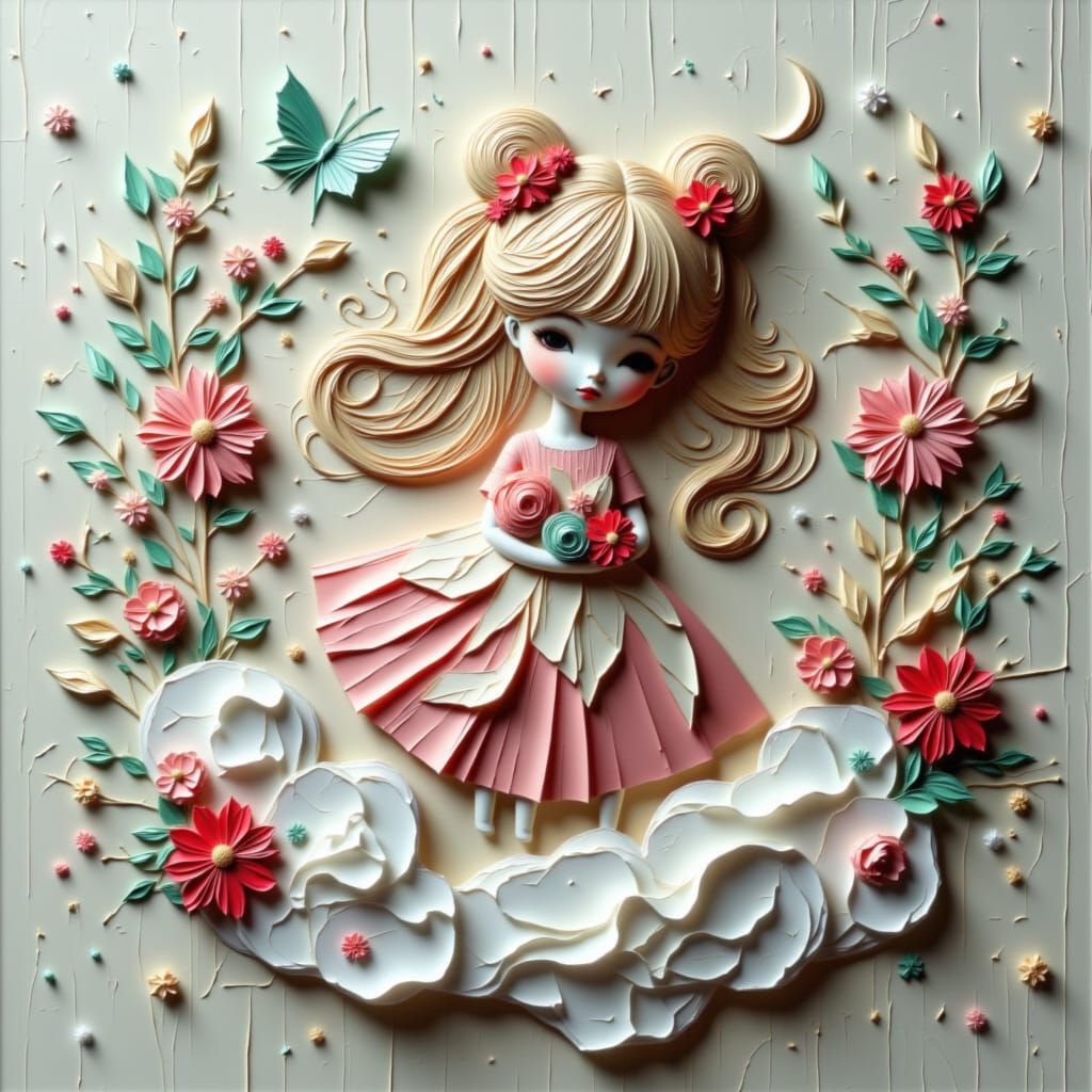 Origami Girl on Cloud with Paper Flowers