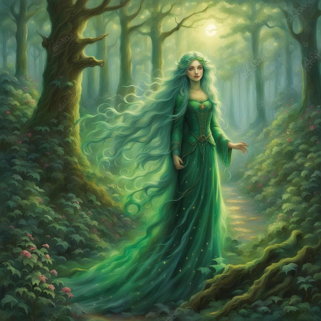Enchanting Forest Witch with Green Hair