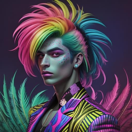 Synthwave Man with Rainbow Leopard and Peacock Feathers