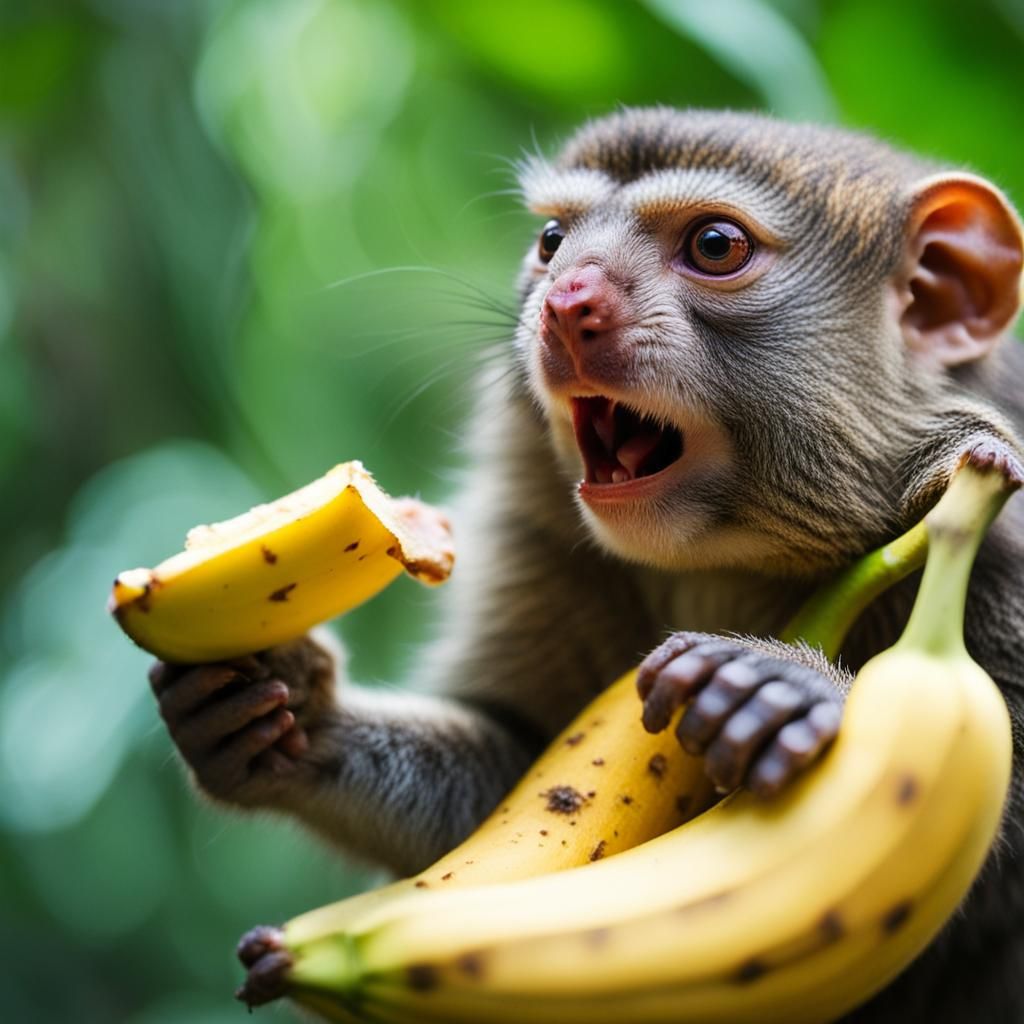 Pygmy Marmoset Enjoys Banana in Jungle Setting