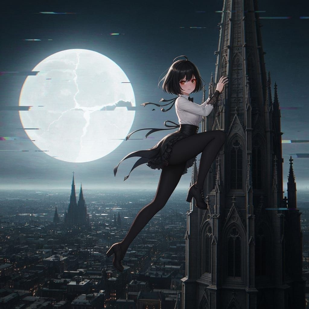 Gothic Woman Ascends Cathedral Spire Over Dark City