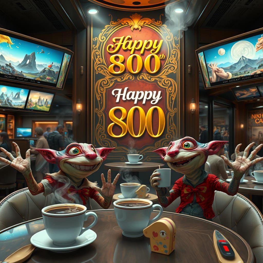 Whimsical Dreamlike Café Scene with Vibrant Creatures and Fu...