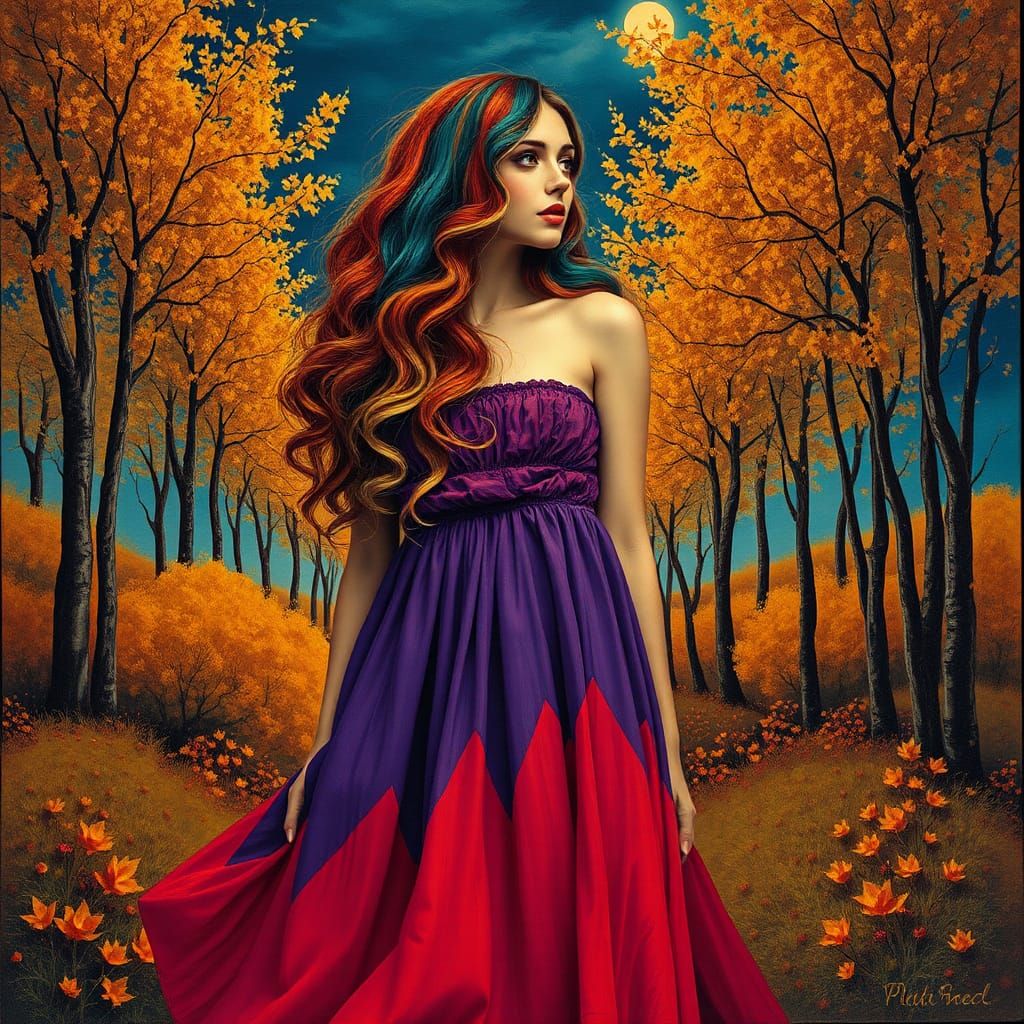 Rainbow Goddess in Surreal Autumn Landscape