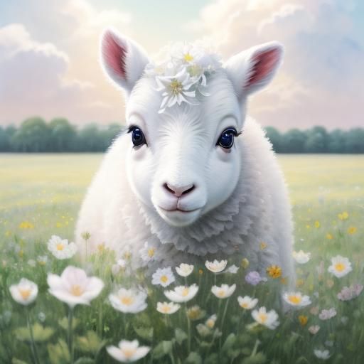 Whimsical Watercolor: Baby Lamb in Flower Field