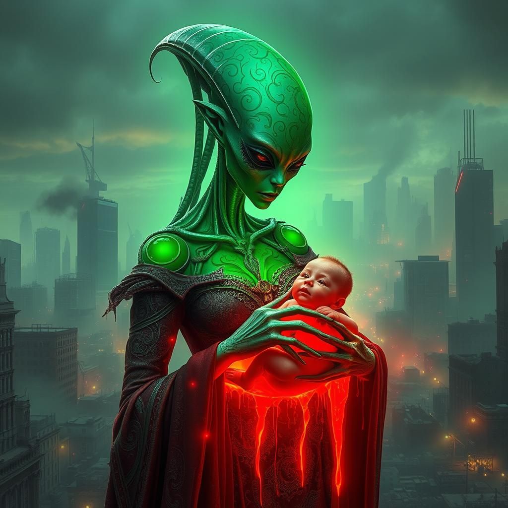 Alien Mother and Child in Post-Apocalyptic Cityscape