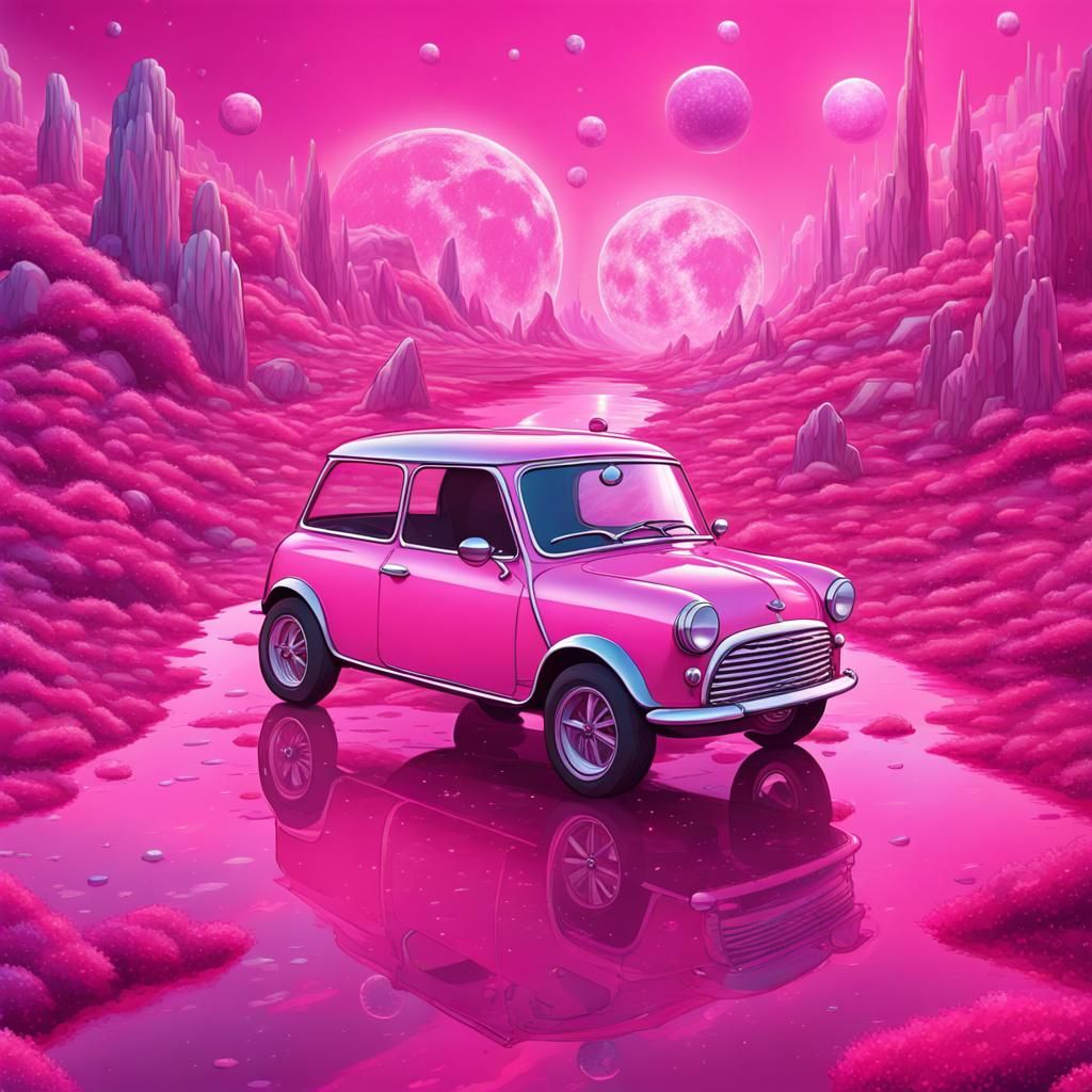 Pink Mini Car in Dream World: Cosmic Illustration