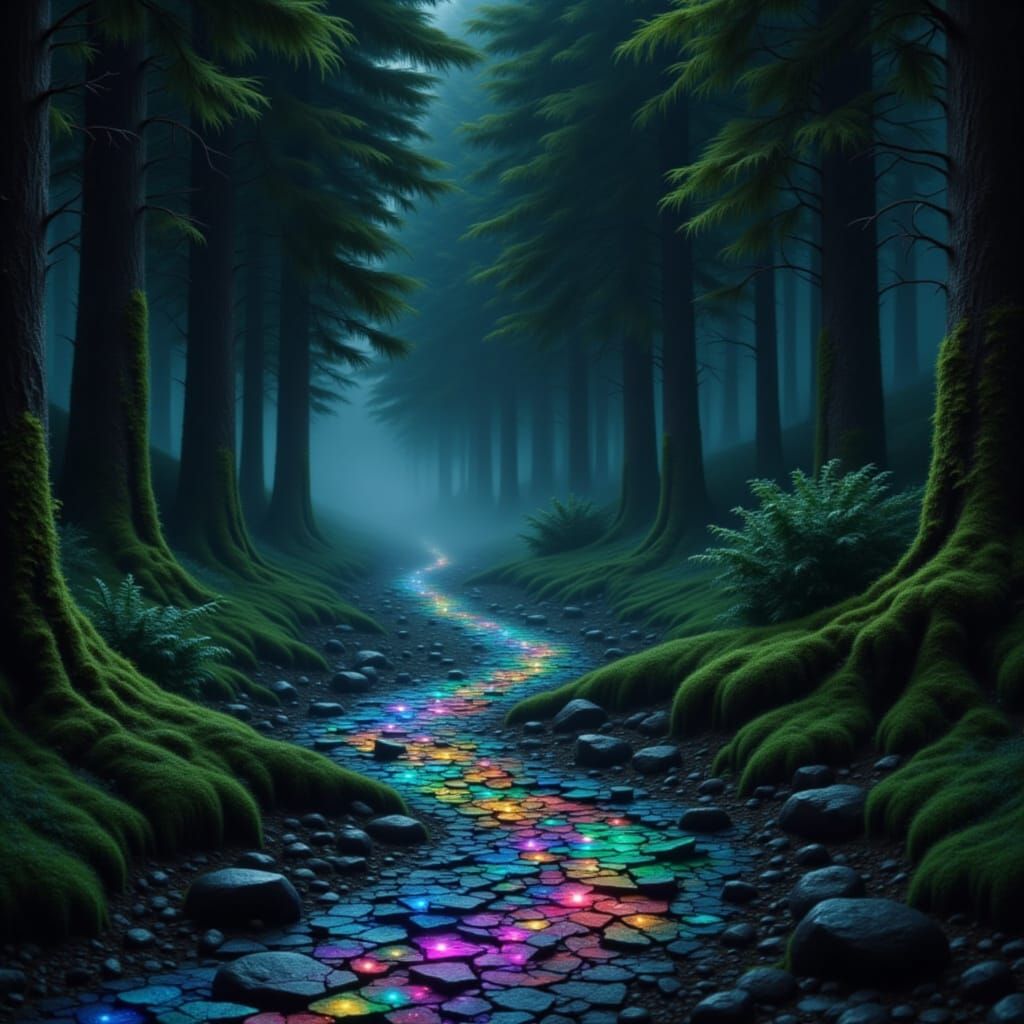 Vivid Jewel-Toned Forest Path at Night