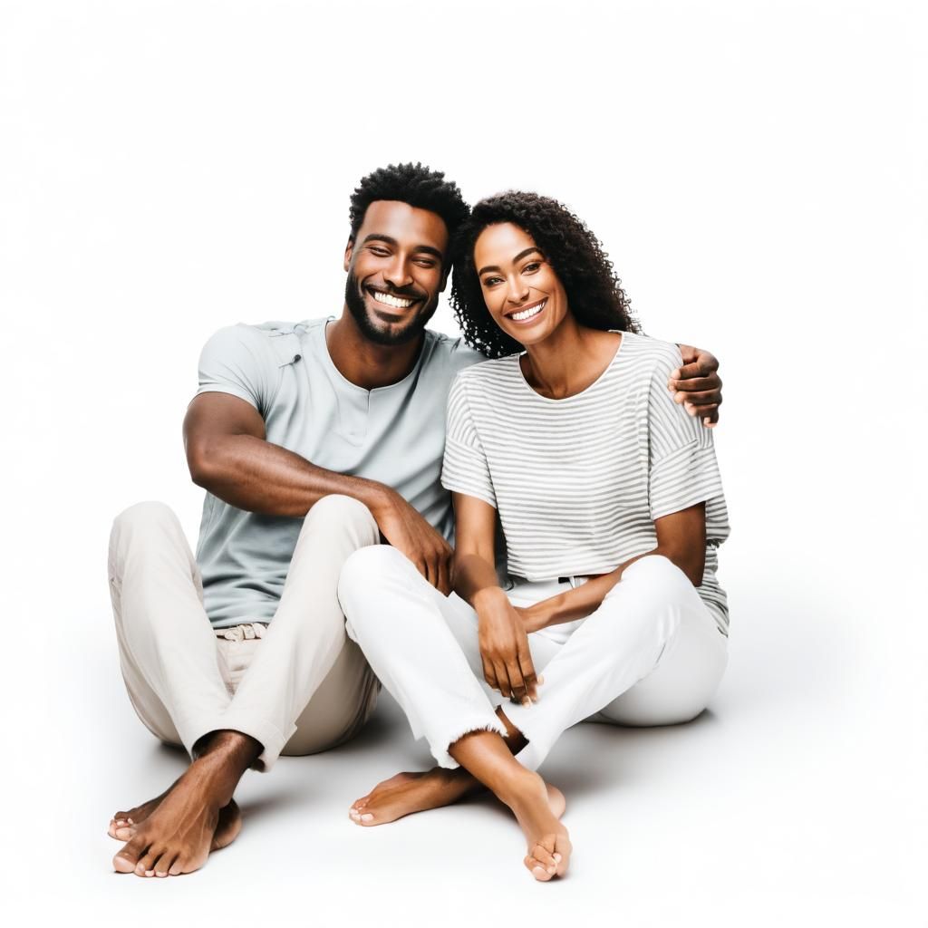 Smiling Couple Cuddling Barefoot on White Background