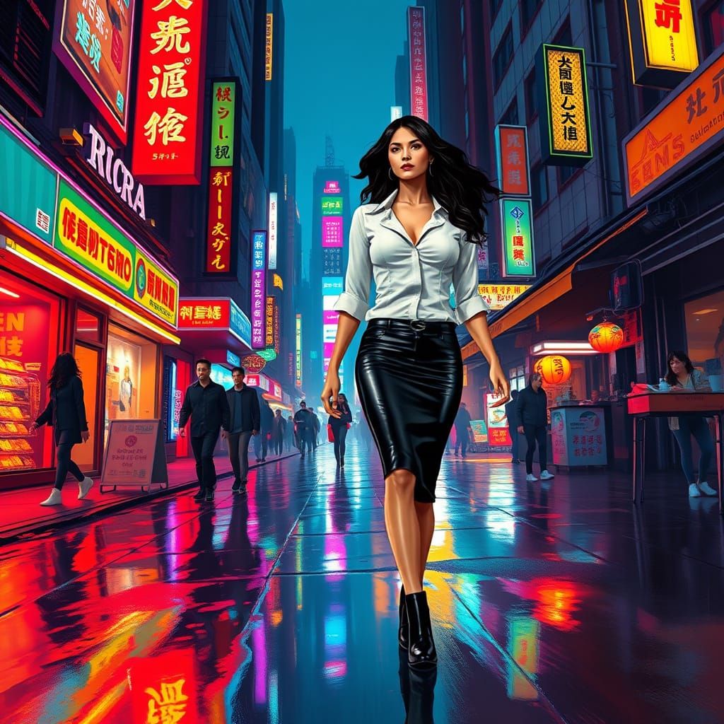 Confident Goddess Strolls City Streets at Night
