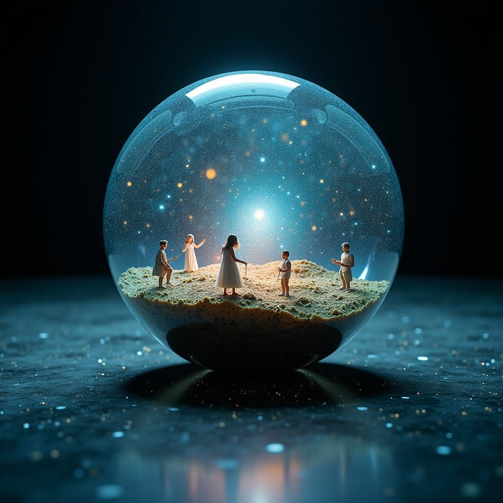 hyperrealistic, Basketball made of glas with a miniature universum inside the Basketball Surrealistic, black shine, con...