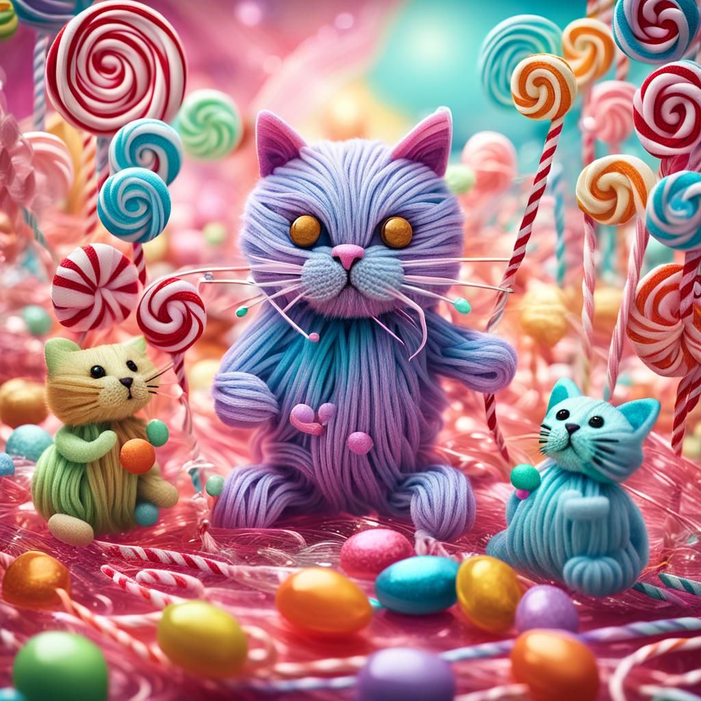 Whimsical Candyland: String Dolls and Cat in Candy Art Style