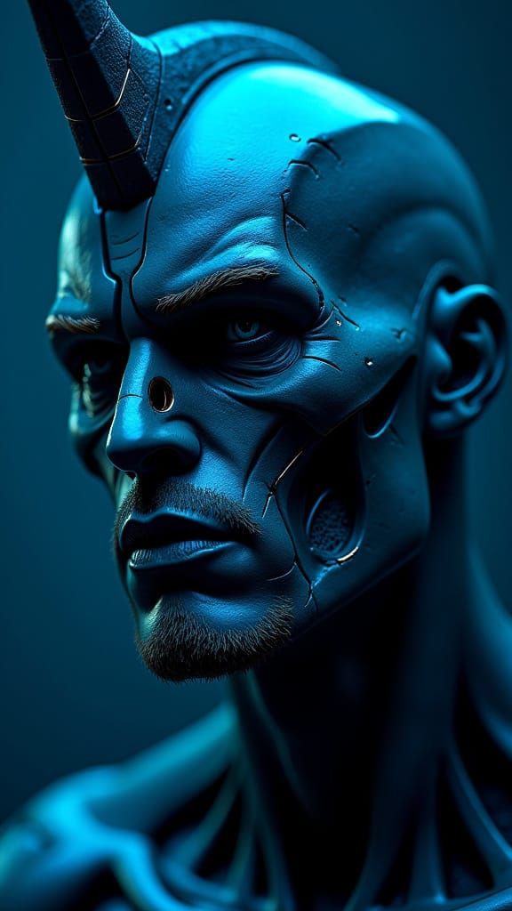 Cybernetic Man in Blue Light: Hyper Realistic Sculpture