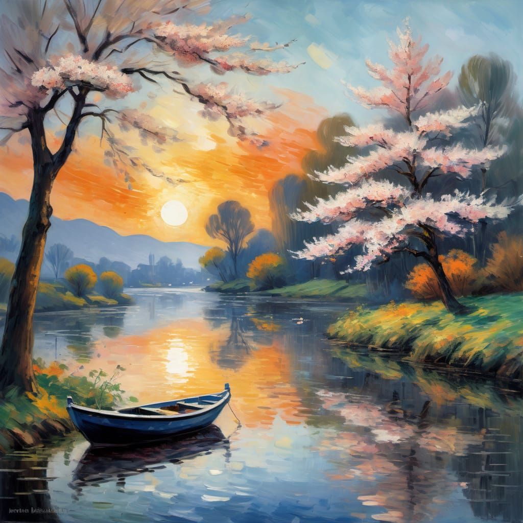 Impressionist Cherry Blossom Scene in Vibrant Sunset
