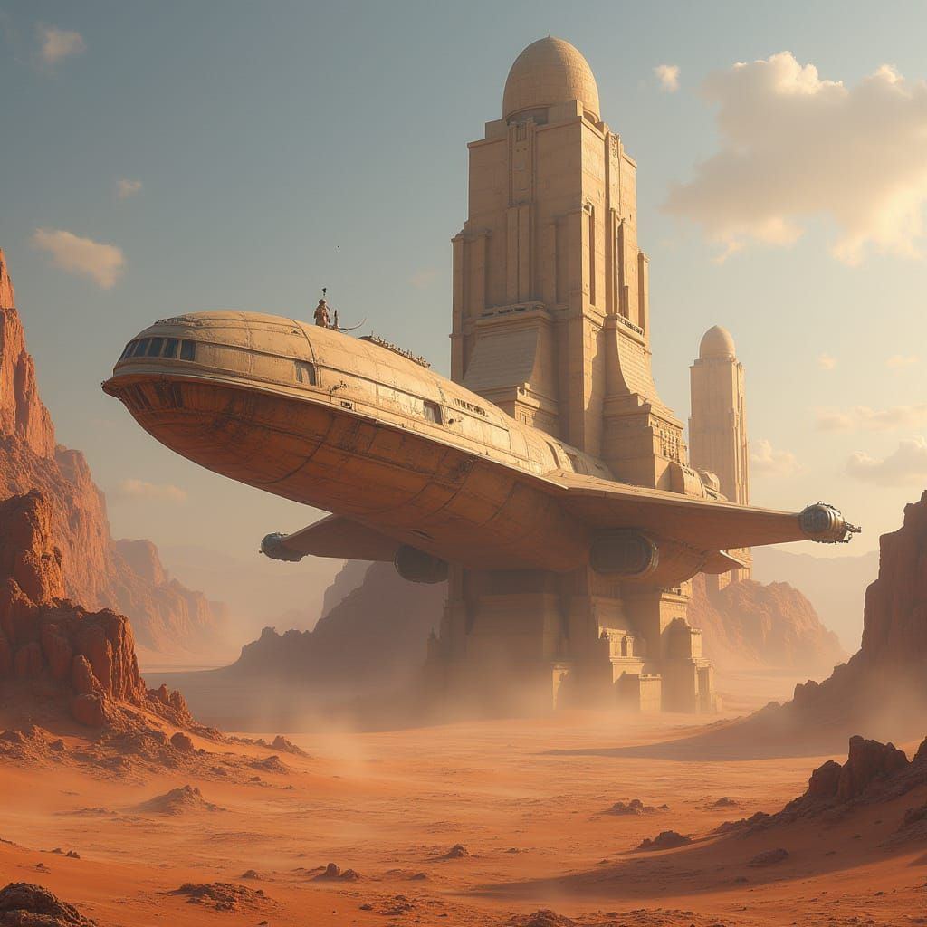 Spaceship Launching From Desert Mountain Temple Complex