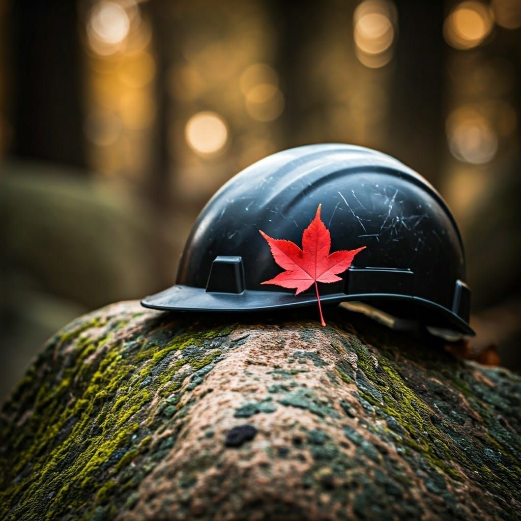 Red Maple Leaf on Hard Hat: Photorealistic Autumn Scene