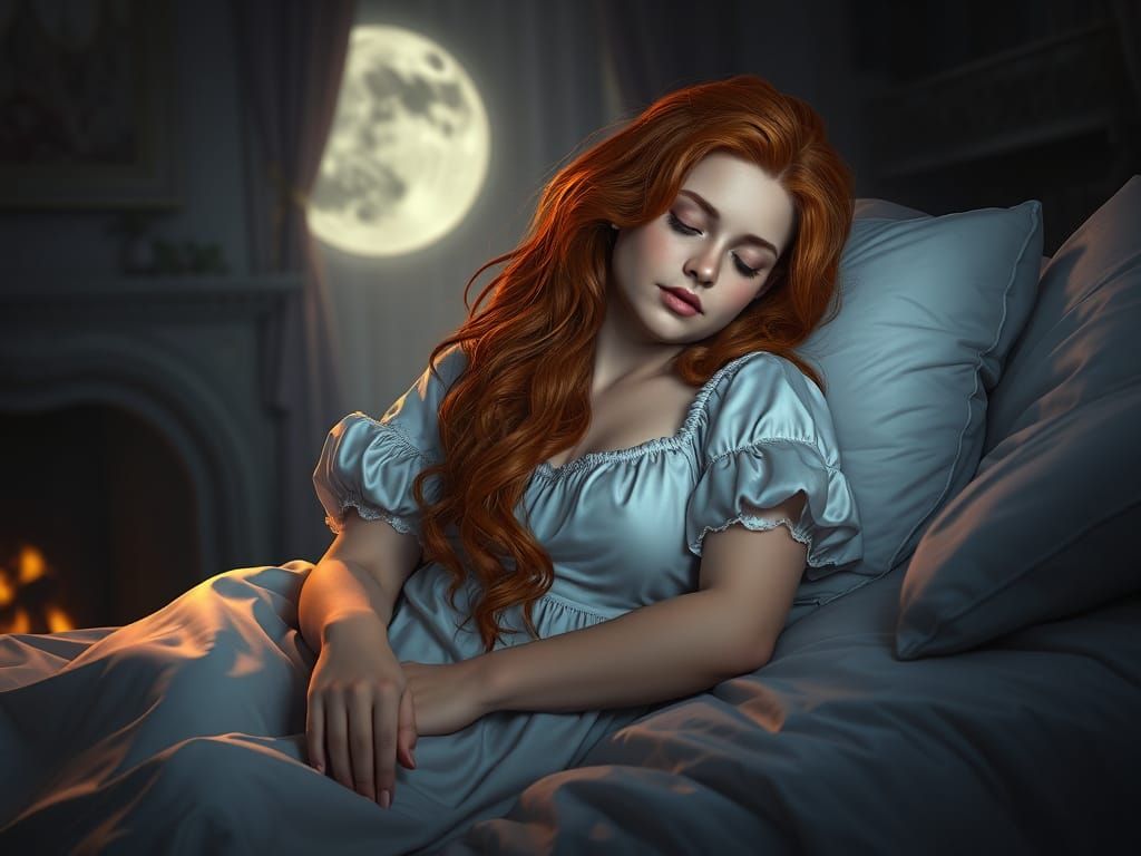 Regency Era Lady Slumbers Under Moonlit Fireplace