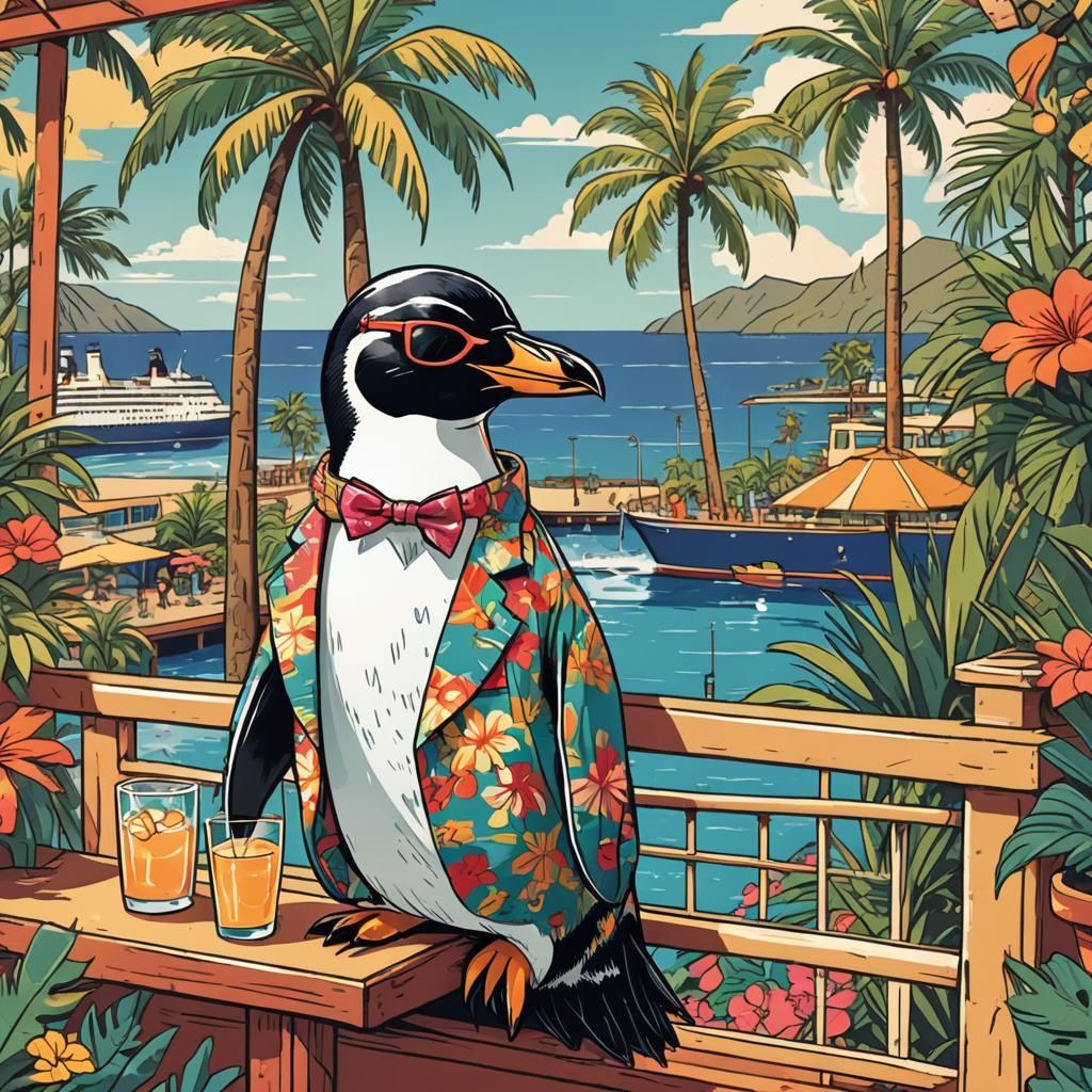 Penguin's Hawaiian Cruise: Retro Cartoon Travel Poster