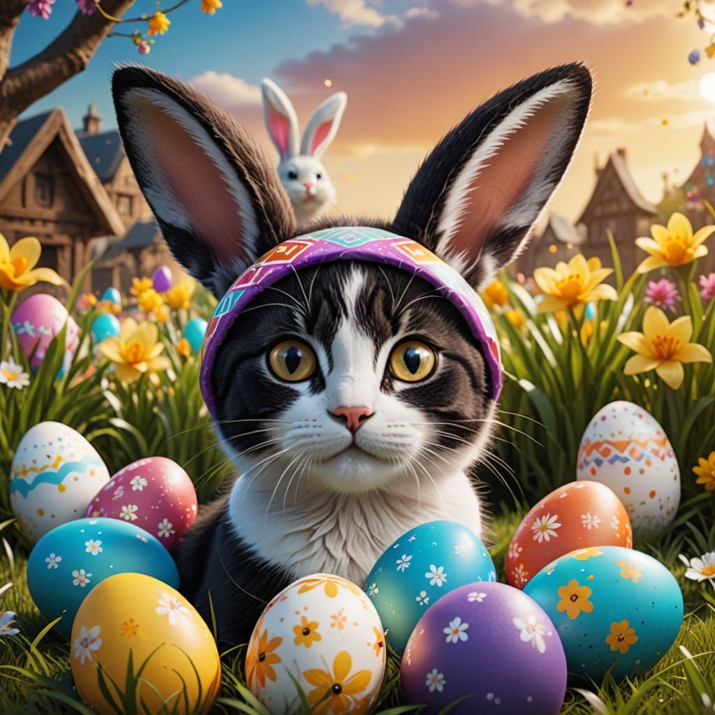 Cute Easter Cat in Vibrant Fantasy World