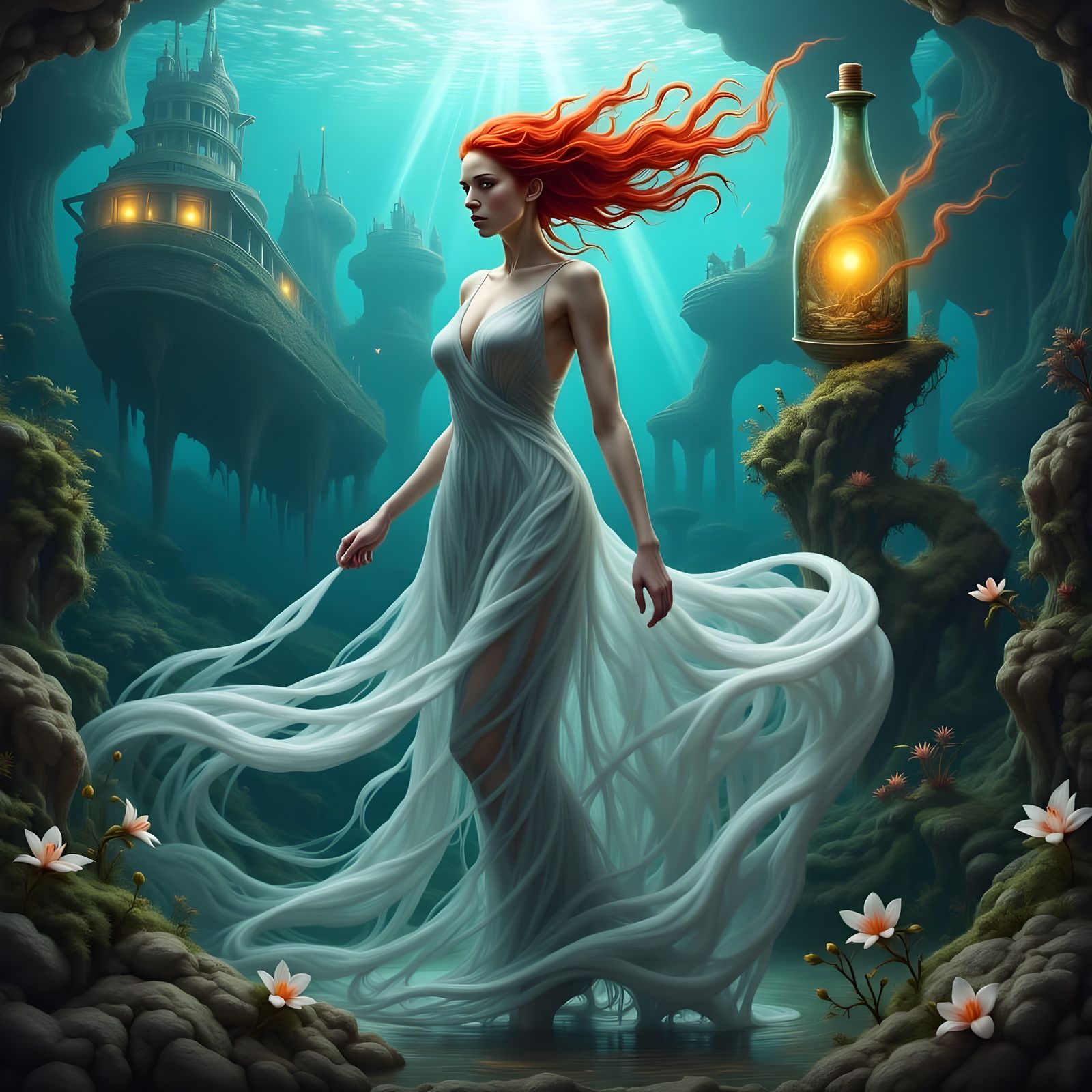 Underwater Goddess with Shipwreck, Detailed Fantasy Art