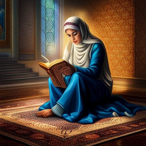 Muslim Woman Reading Quran in Hyperrealistic Splash Art