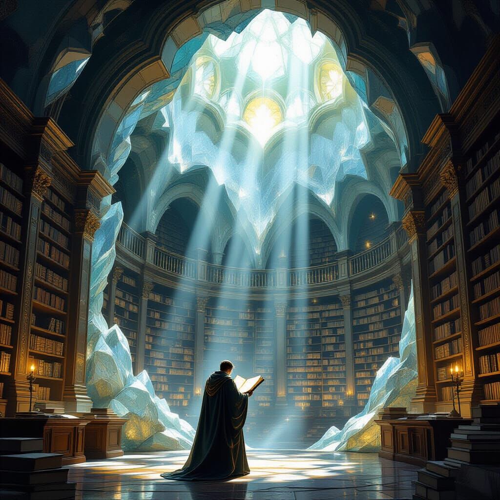Ancient Geode Library With Glowing Tomes