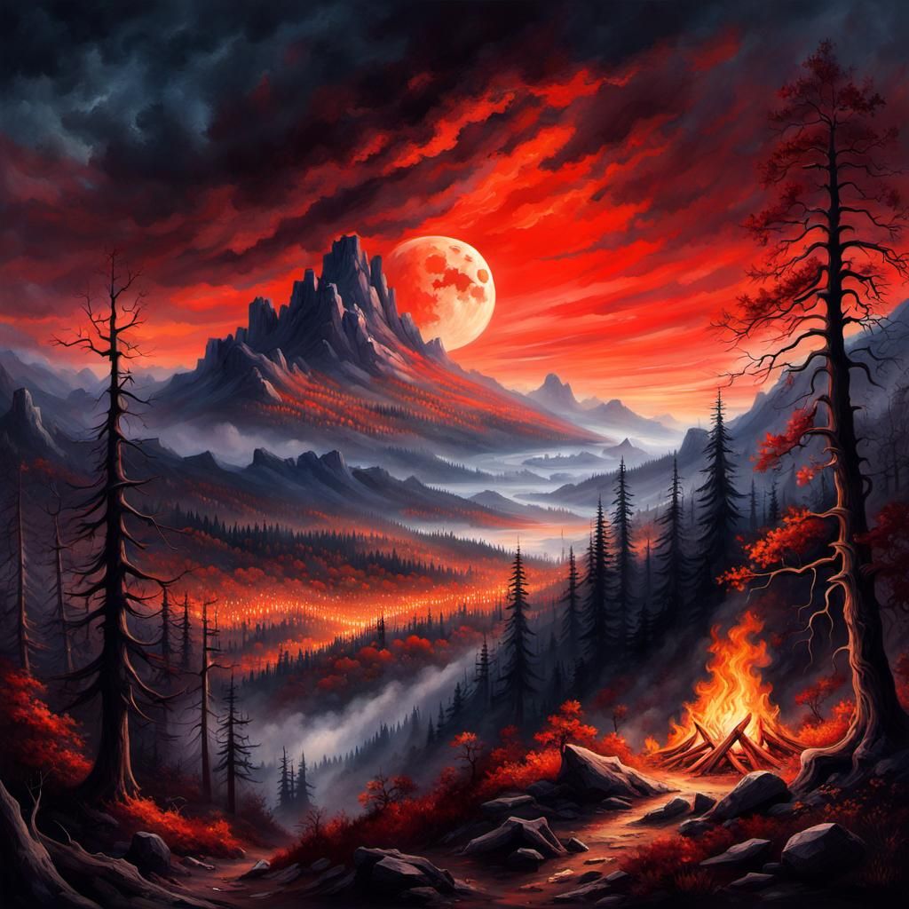 Scary Autumn Forest Bonfire Painting