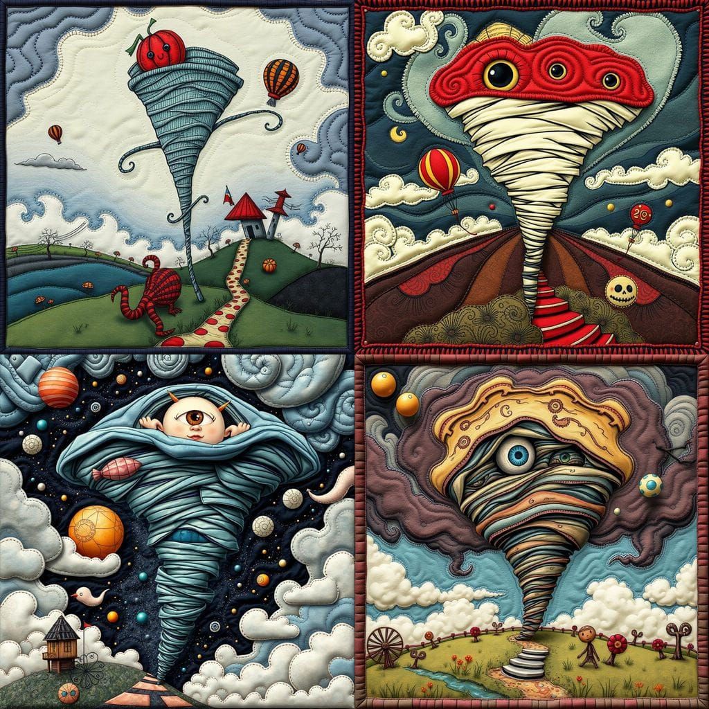 illustration, whimsical, surreal, quilted, style of Tim Burt...