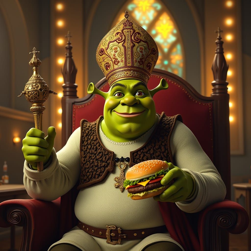 Shrek as Pope in McDonald's, Renaissance Pop Art Style