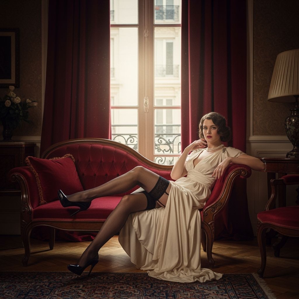 Elegant Woman in Parisian Apartment, Vintage Glamour Style